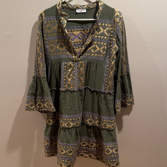 Anthropologie Lace the Label Green and Gold Mini Dress with Bell Sleeves XS - Picture 1 of 6